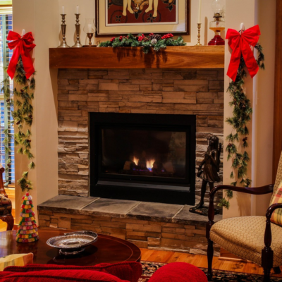 Fireplace decorated for the holidays