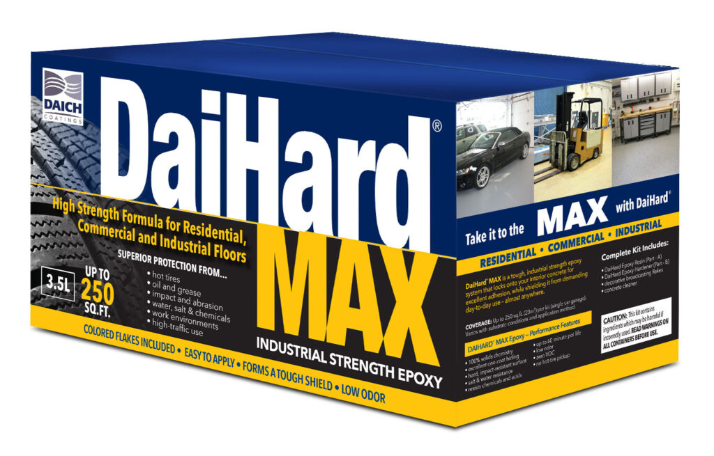 The DaiHard MAX® Industrial Strength Epoxy Floor Coating Kit adds a tough glossy high performance finish to your demanding interior concrete floors. It is a 100% solids epoxy formula that is superior to typical water-based epoxy products.
