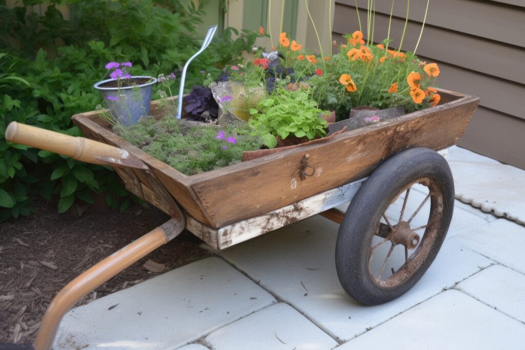 Upcycled rusty wheelbarrow into a garden.