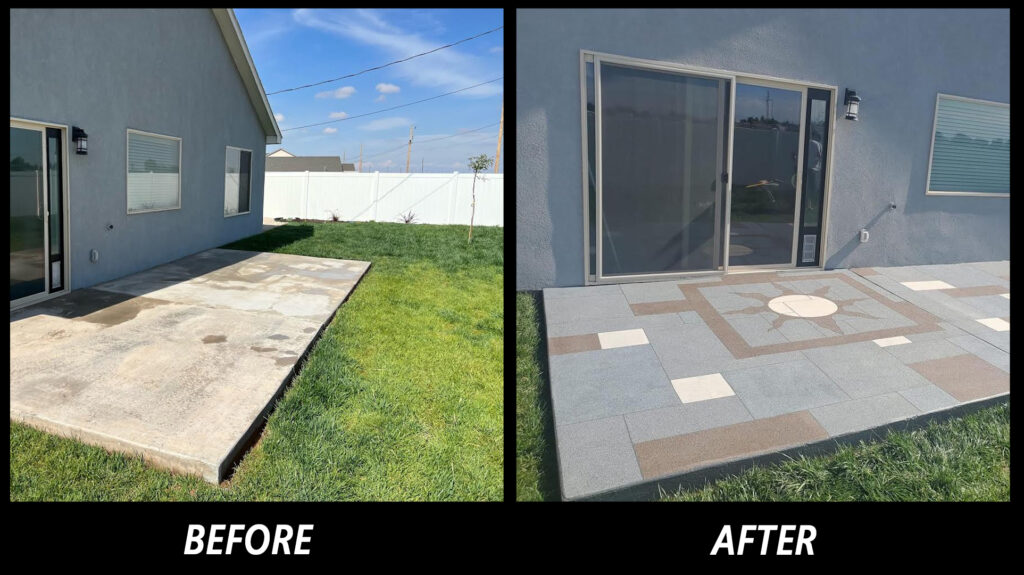 Before and after photos of an ugly concrete slab patio.