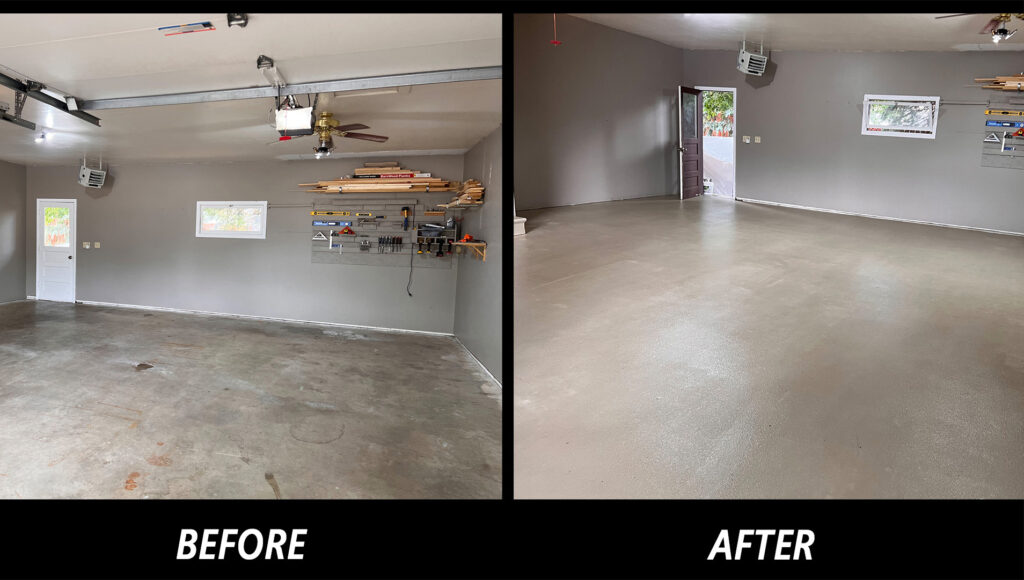 Before and after images of TracSafe applied to a garage floor